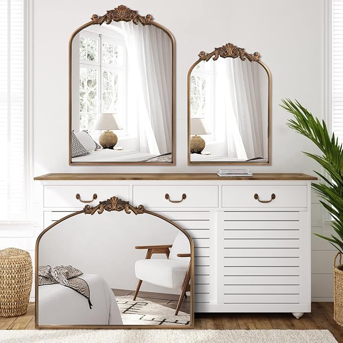 Wall Mirror Window Decorative Traditional Vintage Ornate Baroque Mirrors Antique Arched Farmhouse for Living Room Bedroom Entryway Bathroom Vanity (27 * 19 * 1.2, Gold)