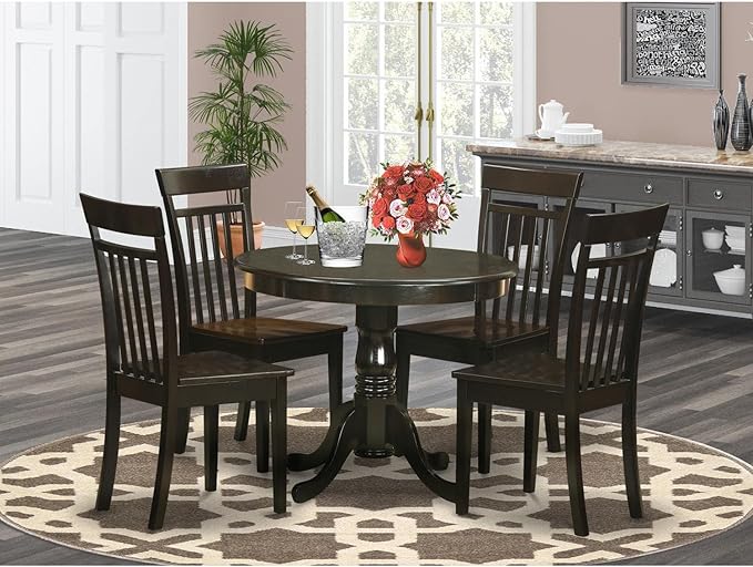 East West Furniture ANCA5-CAP-W 5 Piece Dining Set Includes a Round Dining Room Table with Pedestal and 4 Wood Seat Chairs, 36x36 Inch, Cappuccino