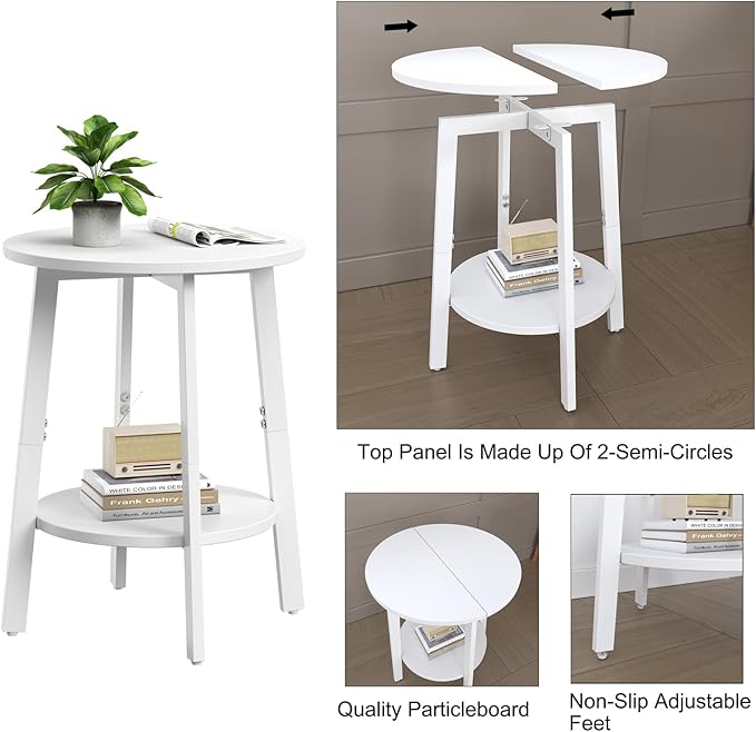 Side Table, Small Round End Table with Storage Shelf for Small Space, 2-Tier Bedside Table Sofa Couch Table, Round Accent Table Nighstands for Living Room, Bedroom,White