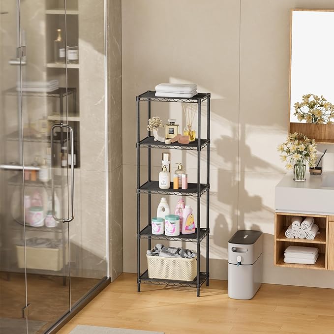 SINGAYE 5 Tier Shelf Wire Shelving Adjustable Storage Shelves Rack Standing Units for Kitchen Closet Laundry Bathroom Organizers Metal Pantry Narrow Mesh Gaps 10" D x 16" W x 55" H Black