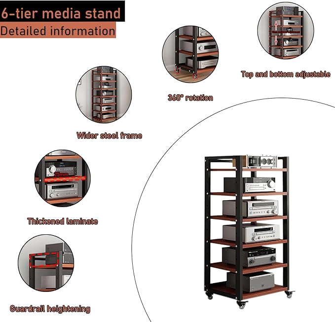 6 Tier Audio Rack Tower, CD Record Player Stereo Receiver AV Equipment Cabinet Display Rack, Weight capacity 661 lbs, with Adjustable Wooden Shelves for Home (TEAKWOOD, 6 TIER 47×19.7×15.7IN)