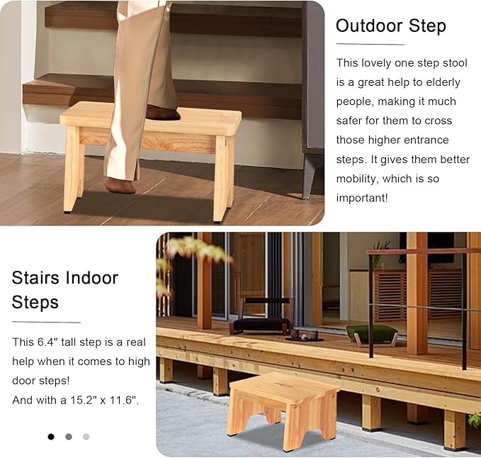 One Step Stool for Adults Seniors, 9" Heavy Duty Wooden Stepping Stools with 550 LBS Capacity for Bedroom Kitchen Bathroom, Bed Steps for High Beds, Bedside Support