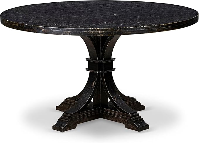 I57-11-TP Mid-century Table with Acacia Wood Round Tabletop and Stylish Pedestal Base - Sand Blasted Black Finish