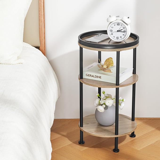 Side Table, Small Round Side Table for Small Spaces, 3-Tier Round Accent Table Slim Side Table, Modern Sofa End Table Corner Table for Living Room Nightstand Bedroom (Oak)