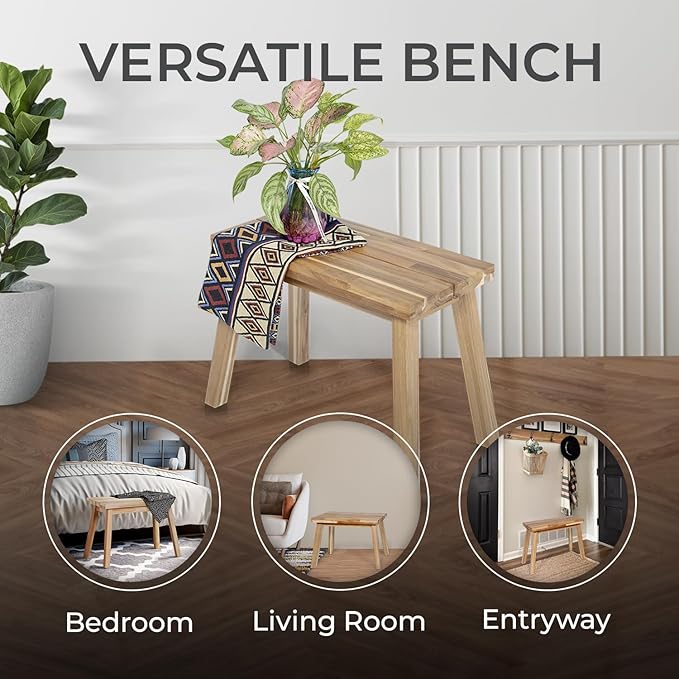 Bench 100% Solid Acacia Wood, Backless, Wax Galvanized Finish, Easy Assembly, End Table Wooden Bench Furniture for Plant, Dining Room, Entryway, Indoor (26 inches)