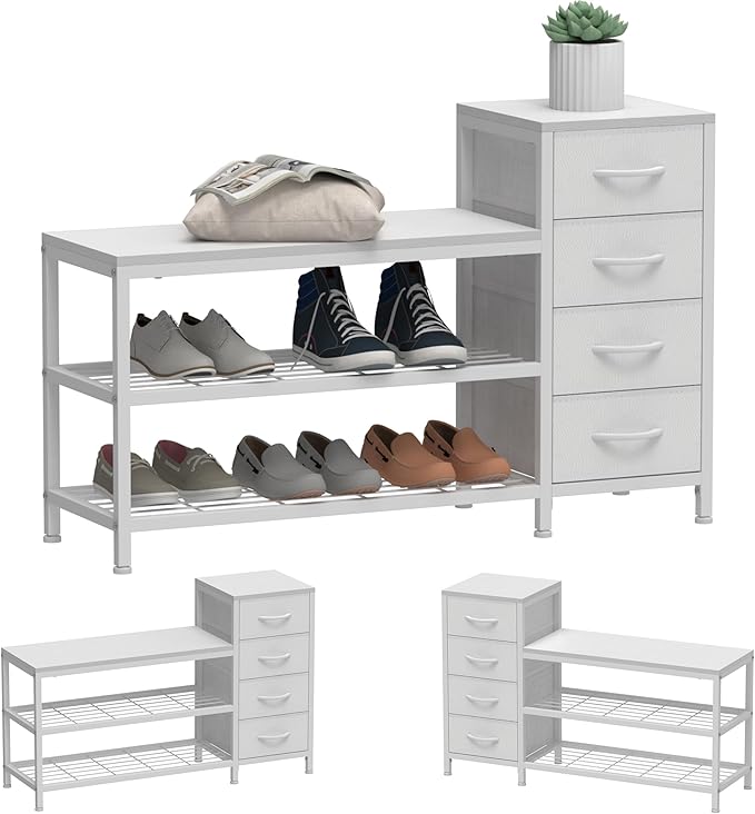 EXOTICA 3-Tier Shoe Storage Bench White Entryway Shoe Rack with 4 Drawers and Seating Shoe Shelf Storage Cabinet for Hallway Front Door Doorway Living Room Mudroom Steel Frame