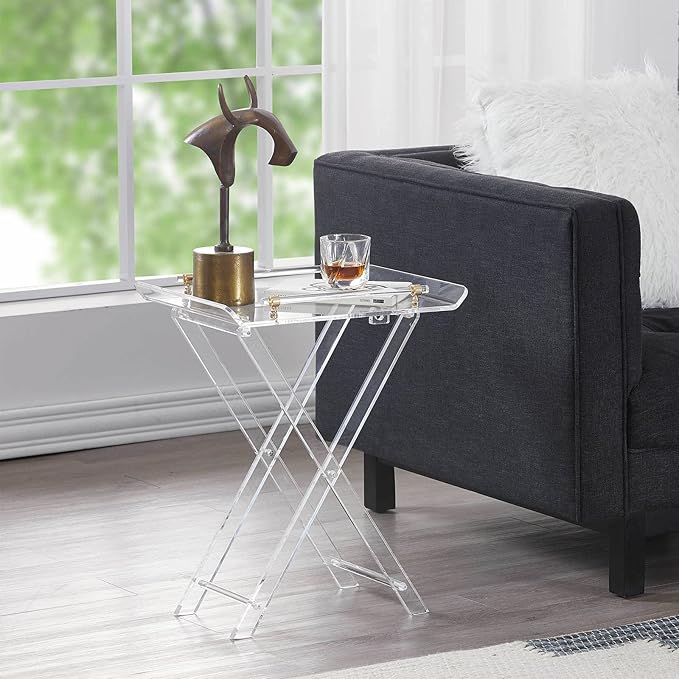 LIKENOW Furniture Acrylic Folding Tray Tables for Living Room,Bedroom,Lobby,Clear Small Side Tables with Handle for Coffee,Drink,Food,Snack,Modern Foldable Lucite End Table with X Leg for Decor