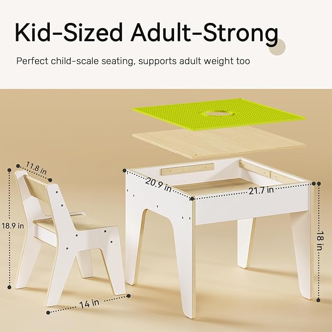 wingyz 4-in-1 Toddler Table and Chairs Set, Kids Play Tables with Storage, Wooden Sensory Tables with Dual-Sided Blocking Baseplate, Baby Activity Table with Chalkboard