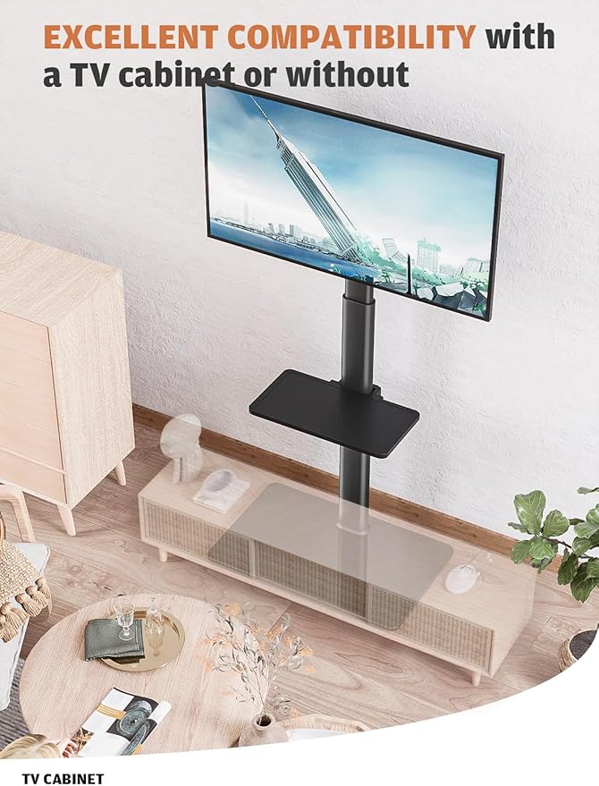 Universal Floor TV Stand with Mount 80 Degree Swivel Height Adjustable and Space Saving Design for Most 27 to 65 inch LCD, LED OLED TVs, 2 Shelves Perfect for Corner & Bedroom HT2002B
