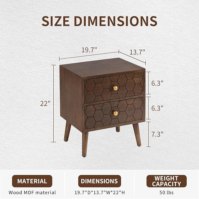 COSIEST Modern End Table w Honeycomb Pattern, Mid-Century Nightstand w Storage Drawer, Small Wood Accent End Table for Bedroom, Living Room