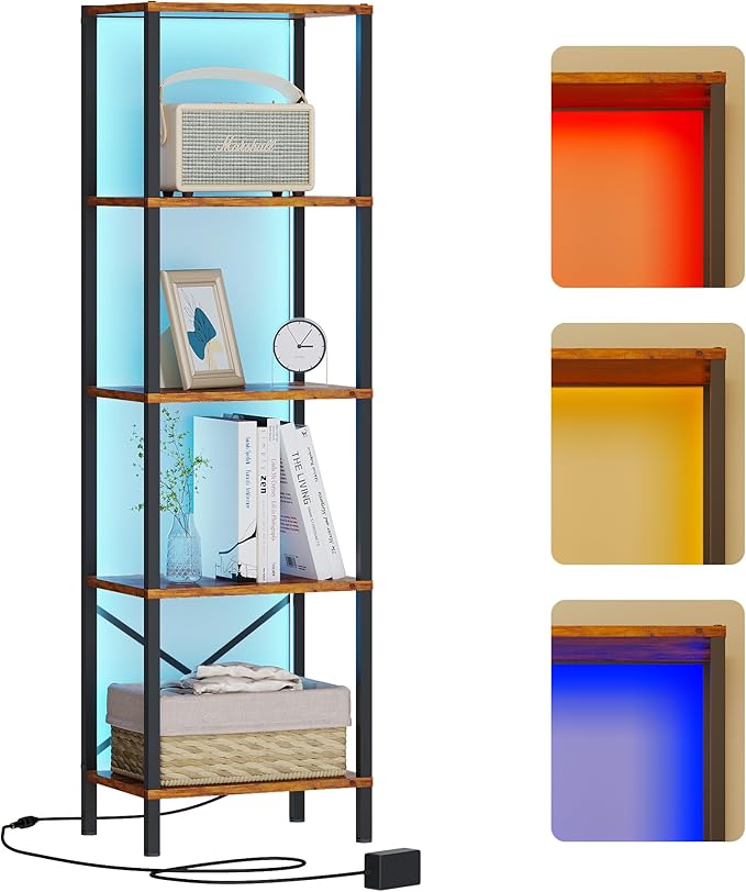 5-Tier Bookshelf, Tall Narrow Bookcase with LED Lights, Book Shelf with Steel Frame, Office Furniture, Display Storage Shelf for Living Room, Bedroom, Study, Balcony, Rustic Brown
