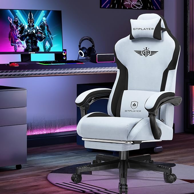 GTPLAYER Gaming Chair with Footrest, Big and Tall Game Chair High Back Computer Office Chair with Lumbar Support for Adults, Ergonomic Swivel Games Chair with Cushion Gaming Velvet Fabric Light Blue
