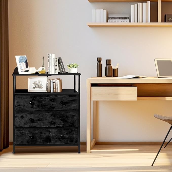 3 Drawers Dresser with Charging Station, 24 Inch Wide LED Night Stand with Adjustable Fabric Drawer, Nightstand with Storage Shelf for Living Room/Bedroom/Office, Black.