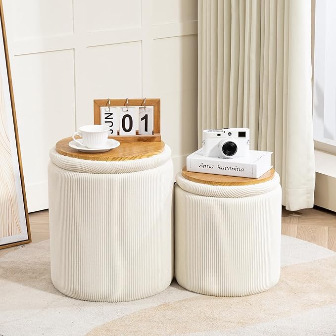 Round Set of 3 Ottoman with Storage-Upholstered Velvet Vanity Stool for Modern Multifunctional Coffee Table Padded Seat Foot Rest for Living Room and Bedroom (White)