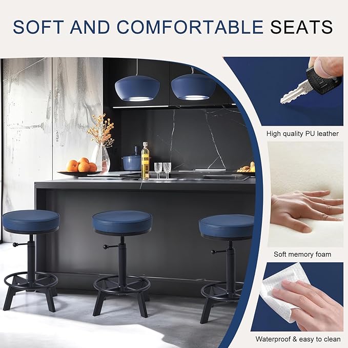 Vintage Short Bar Stools Industrial Swivel Counter Stools 17-24inch Height Adjustable Rustic Leather PU Seat Chairs for Kitchen Island Extra Seat Beside Sofa (Dark Blue)