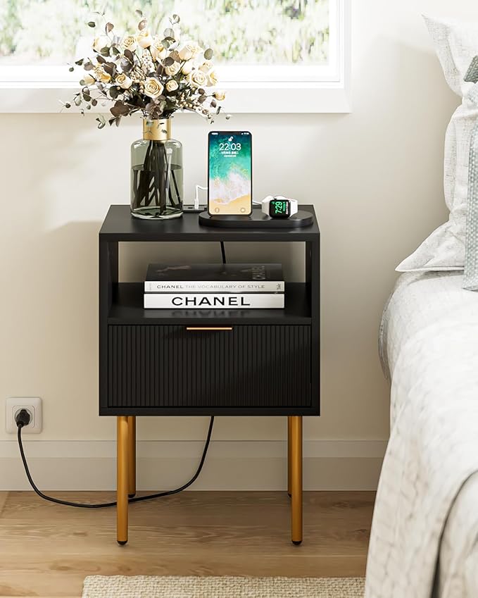 Nightstand,Small Bedside Table with Gold Frame,Morden Night Stand with 2 Drawer,End Table,Side Table with Drawer and Shelf for Bedroom,Living Room (Black-1Drawer-Outlet)