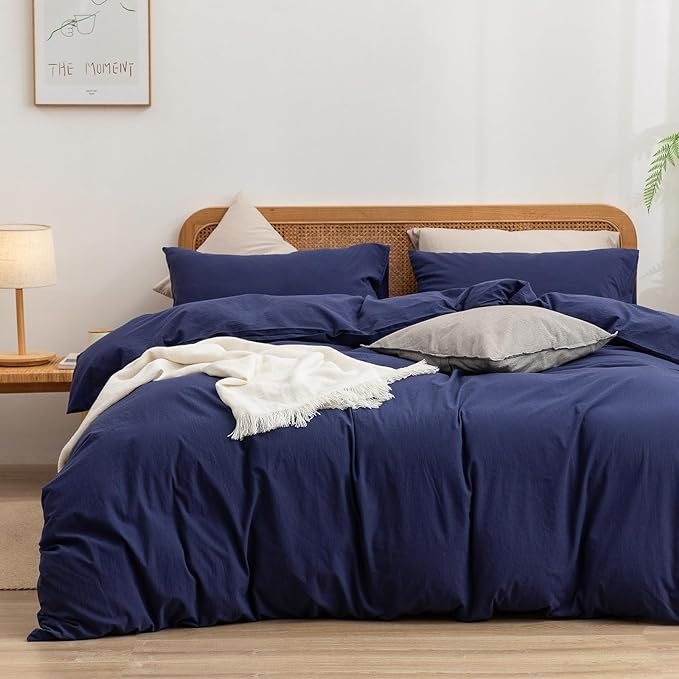 BESTOUCH Duvet Cover Set 100% Washed Cotton Linen Feel Super Soft Comfortable Chic Lightweight 2 PCs Home Bedding Set Solid Navy Blue Twin/Twin XL