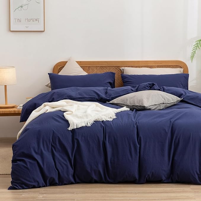 BESTOUCH Duvet Cover Set 100% Washed Cotton Linen Feel Super Soft Comfortable Chic Lightweight 3 PCs Home Bedding Set Solid Navy Blue Queen