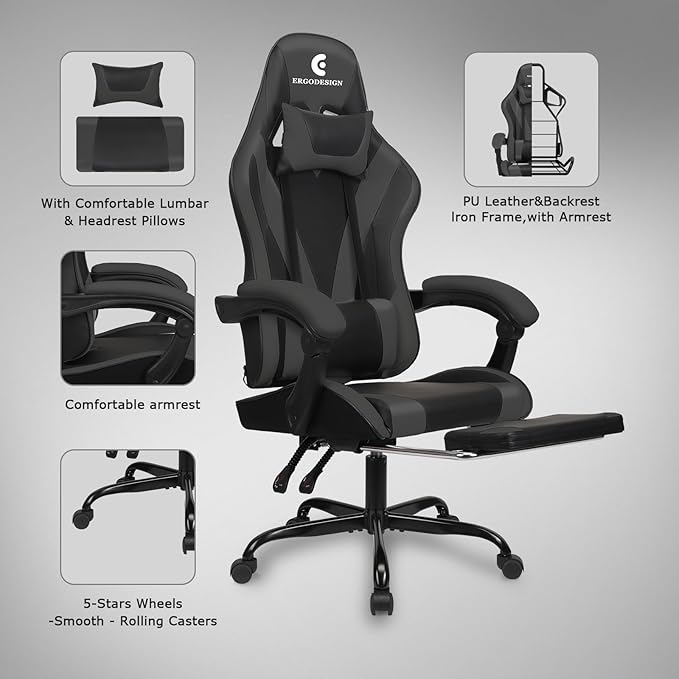 Gaming Chair with Linkage Armrest & Footrest, High Back Video Gaming Chair, Black/Grey