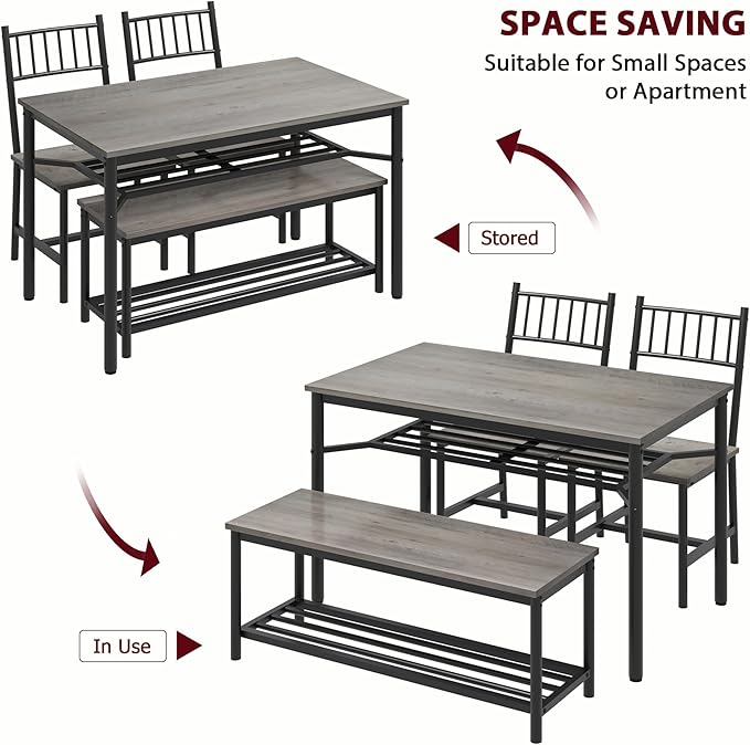 Dining Table Set for 4, Kitchen Table for 4 with Bench and 2 Chairs, 4-Piece Dining Table Set for Apartment, Small Space, Gray