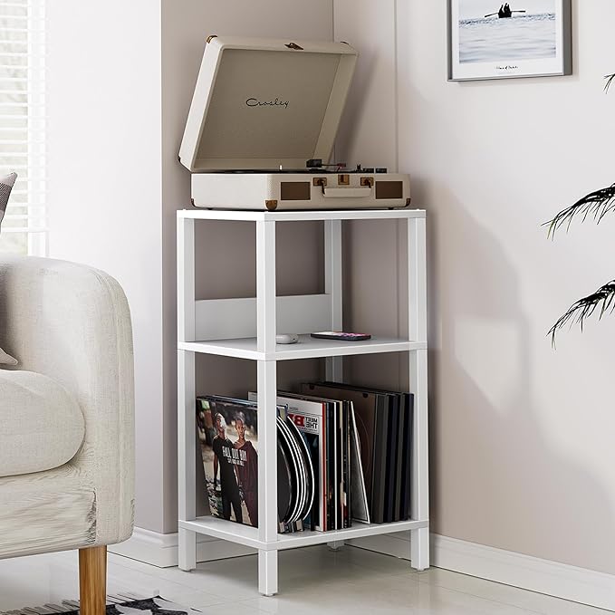 TUTOTAK Record Player Stand with Storage Up to 100 Albums,Record Storage Table,3 Tier End Table,Side Table for Living Room, Bedroom, White TB01BW075