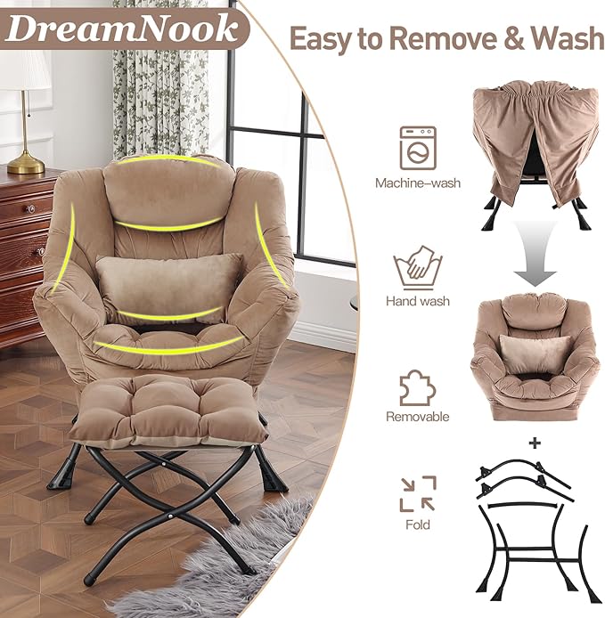 Lazy Chair with Ottoman, Modern Accent Chair with Lumbar Pillow, Comfy Chairs with Folding Footrest for Bedroom, Reading, Oversized Supportive Lounge Chairs(Velvet Khaki)