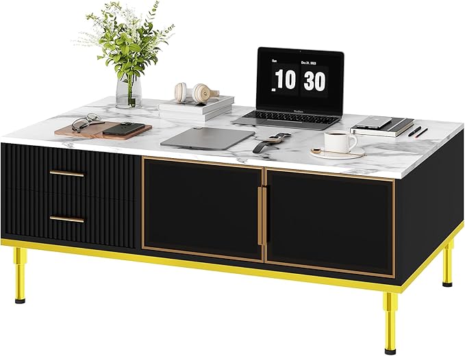 GAOMON Coffee Table for Living Room, Faux Marble Coffee Table with 4 Drawers and Glass Doors Storage, Modern Aesthetic Fluted Panel Design,Black & Gold