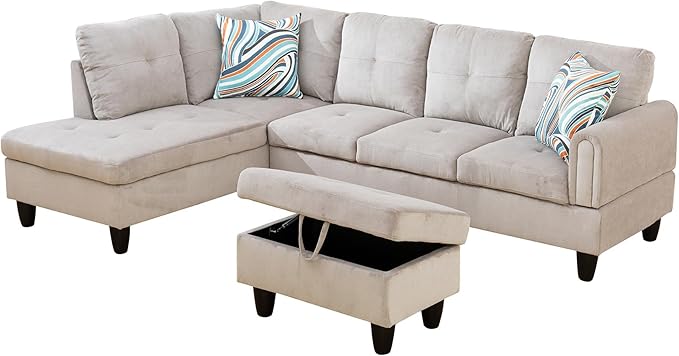 L Shaped Couch Modern Sectional Couch Upholstered Corduroy Fabric 3 Pieces Sofas for Living Room with Chaise, Storage Ottoman for Office and Small Apartment, Grey White