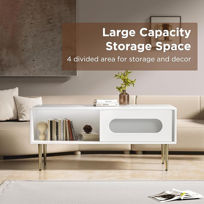 Modern Coffee Table for Living Room - LED Living Room Table with 4 Storage Compartments, Semi See-Through Sliding Doors - Glossy Finish, Metal Legs, Rounded Edges - Contemporary Home Furniture