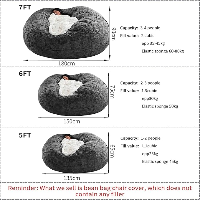 Bean Bag Chair for Adults Kids Without Filling Comfy Fluffy Giant Round Beanbag Lazy Sofa Cover for Reading Chair Floor Chair, 5FT, Black