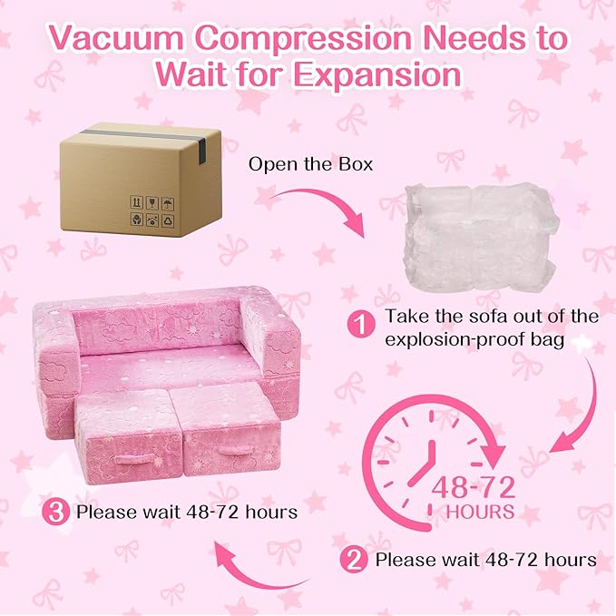 Lamerge Toddler Couch Glow in The Dark Toddler Fold Out Couch for playroom, Convertible Baby Fold Out Play Foam and Floor Cushion for Bedroom (Pink+Clouds)