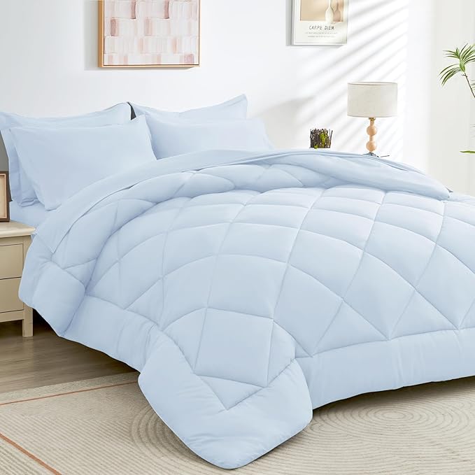 HEVUMYI Light Blue Twin-XL Comforter Set - 5-Piece All Season Bed in a Bag Twin-XL, Ultra Soft Bedding Set with Comforter, Flat Sheet, Fitted Sheet, Pillowcases, Pillow Shams
