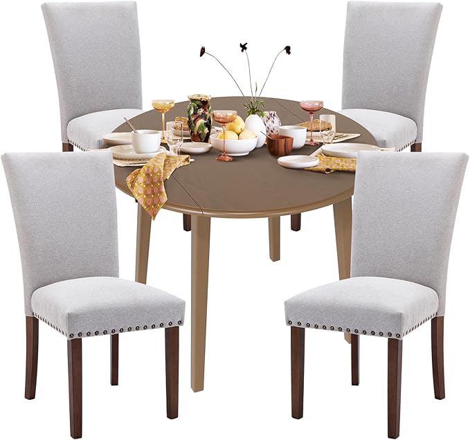 COLAMY 5-Piece Extendable Dining Table Set for 4, 36" Kitchen Round Wood Table with 4 Nailhead Dining Room Chairs,Light Brown/Light Grey