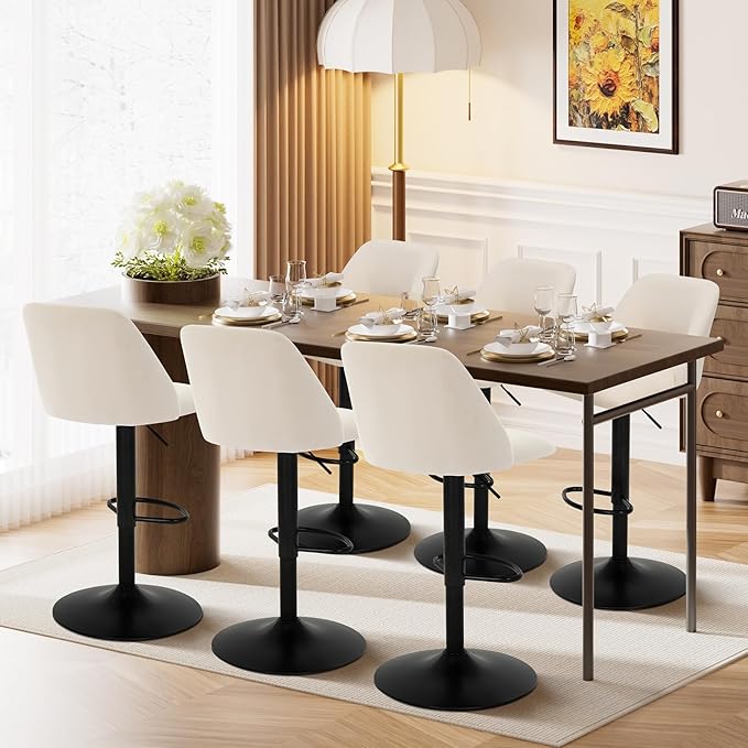 COLAMY Bar Stools Set of 4, Modern Swivel Bar Chairs, Adjustable Upholstered Barstools Counter Height with Full Backrest for Bar, Dining Room, Kitchen Island, Beige