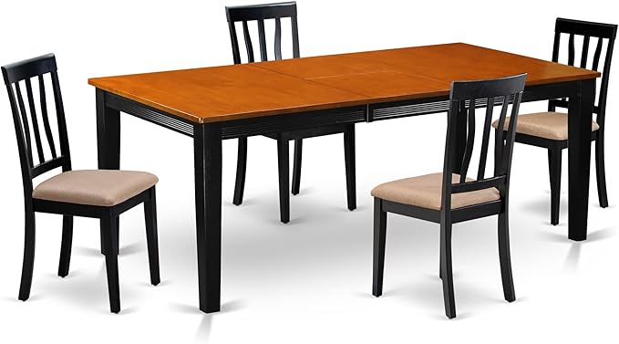East West Furniture QUAN5-BCH-C 5 Piece Kitchen Table Set for 4 Includes a Rectangle Dining Room Table with Butterfly Leaf and 4 Linen Fabric Upholstered Chairs, 40x78 Inch, Black & Cherry