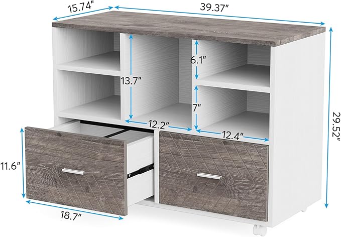 Tribesigns 2-Drawer Wood File Cabinet, Mobile Lateral Filing Cabinet for Hanging Letter Size Files, Printer Stand with Open Storage Shelves for Home Office (Grey & White)