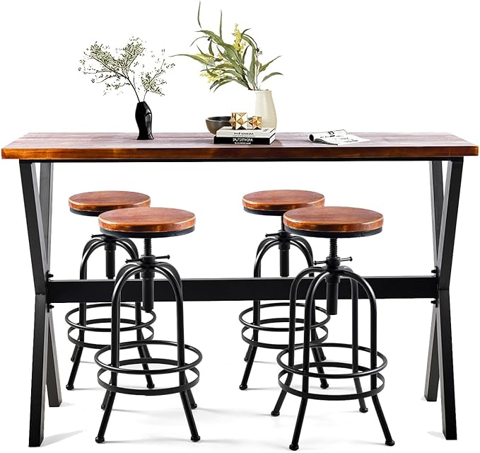 Bar Table, 47.24"L×41.33"H Bar Height Pub Table High Top Rectangular Sofa Console Table Kitchen Dining Coffee Table, for Narrow Space, Living Room, Indoor, Rustic Brown Wood, Industrial Black Metal