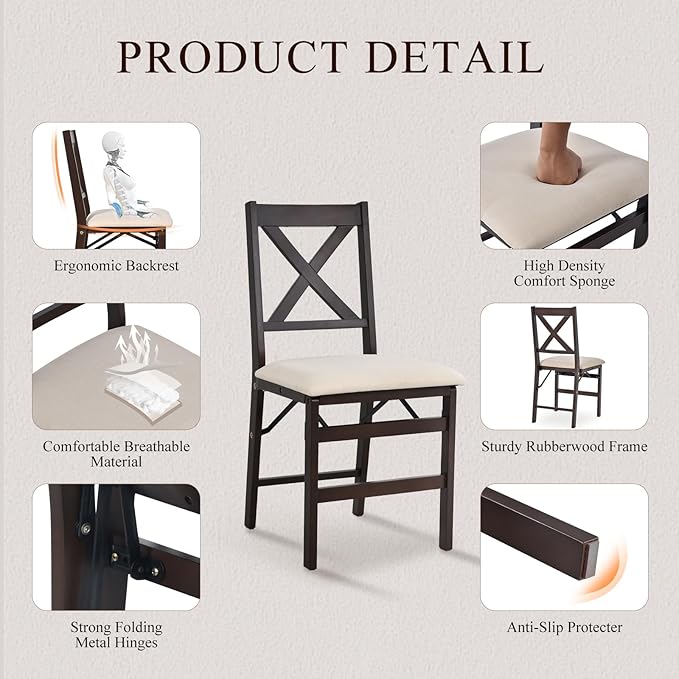COLAMY Folding Dining Chairs Set of 4, Foldable Chairs with Padded Seats, Wood Folding Dining Room Chairs for Dinner, Kitchen, Party, Camping, Beige