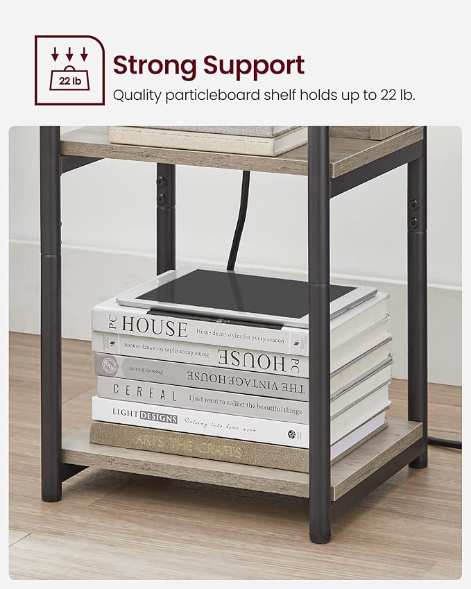 VASAGLE Side Table with Charging Station, 3-Tier End Table with USB Ports and Outlets, Nightstand for Living Room, Bedroom, 11.8 x 13.4 x 22.8 Inches, Plug-in Series, Greige and Black