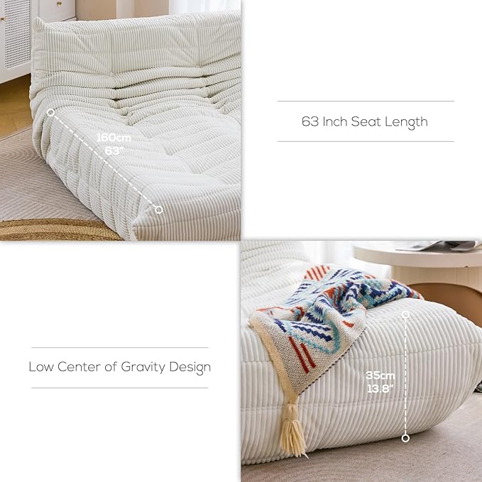 N&V Fireside Lounge Chaise Chair, Mid Century Armless Floor Lounger Sofa, Soft Premium Corduroy Floor Lounge Chair, Foam Sofa Accent Lounger for Living Room Bedroom and Office, Ivory