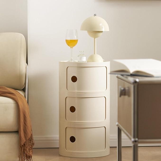 Round Nightstand with 3 Drawers, Modern Style Side Table, Multifunctional End Table Storage Cabinet for Living Room, Bedroom, Bathroom (Pure White)