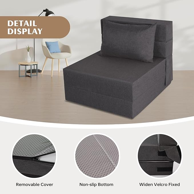 Folding Sofa Bed, Foldable Sleeper Chair with Pillow, Convertible Futon Sofa Bed with Washable Cover, Fold Out Couch for Living Room, Dorm, Guest Room, Single Size, Dark Grey
