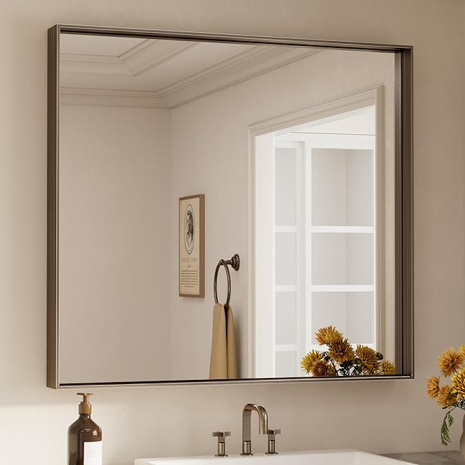 Keonjinn 42 x 36 Inch Brushed Bronze Bathroom Mirror, Rectangle Framed Vanity Mirror for Wall, Large, Modern Farmhouse, Square Corner Bronze Mirrors(Horizontal/Vertical)