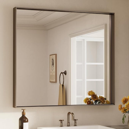 Keonjinn 42 x 36 Inch Brushed Bronze Bathroom Mirror, Rectangle Framed Vanity Mirror for Wall, Large, Modern Farmhouse, Square Corner Bronze Mirrors(Horizontal/Vertical)
