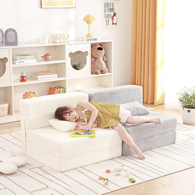 Folding Sofa Bed Beige Floor Mattress for Kids with Pillow, Toddler Washable Folded Floor Nap Mat Futon, Child Fold Up Sofa Folding Chair Bed with Storage Bag for Girls and Boys