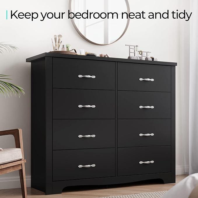 LINSY HOME 8 Drawer Double Dresser, Black Dresser for Bedroom, Modern Dresser Chest with Wide Drawers, Wood Storage Chest of Drawers for Living Room
