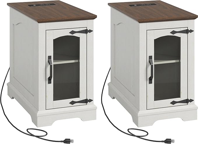 End Tables Set of 2 with Charging Station,13.8"W Narrow Side Table with Storage for Sofa Couch or Bed Side with Outlets & USB Ports, Farmhouse Nightstand with Glass Door for Bedroom Livingroom