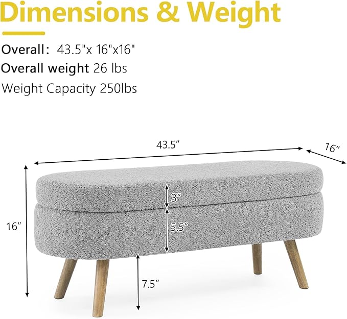 NicBex Ottoman Bench with Storage for Bedroom, 43.5" Upholstered End of Bed Bench with Rubber Wood Legs, Linen Storage Bench for Living Room or Entryway,