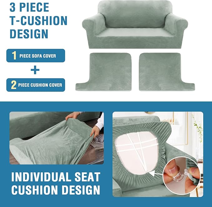 H.VERSAILTEX Sofa Cover 3 Piece T Cushion Sofa Slipcovers Thick Velvet Couch Cover Stretch T Cushion Sofa Covers for 2 Cushion Couch with 2 Individual T Cushion Covers Washable, Sea Grass