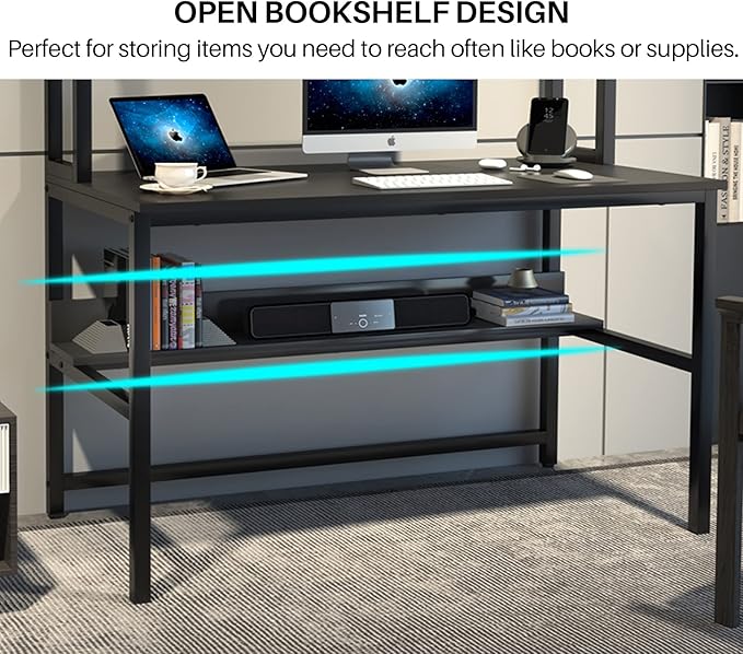 Aquzee Computer Desk with Hutch and Bookshelves, Large Leg Room 55 inch Width Black Desk with Space Saving Storage Shelves, Easy Assemble and All Hardware and Tools Included